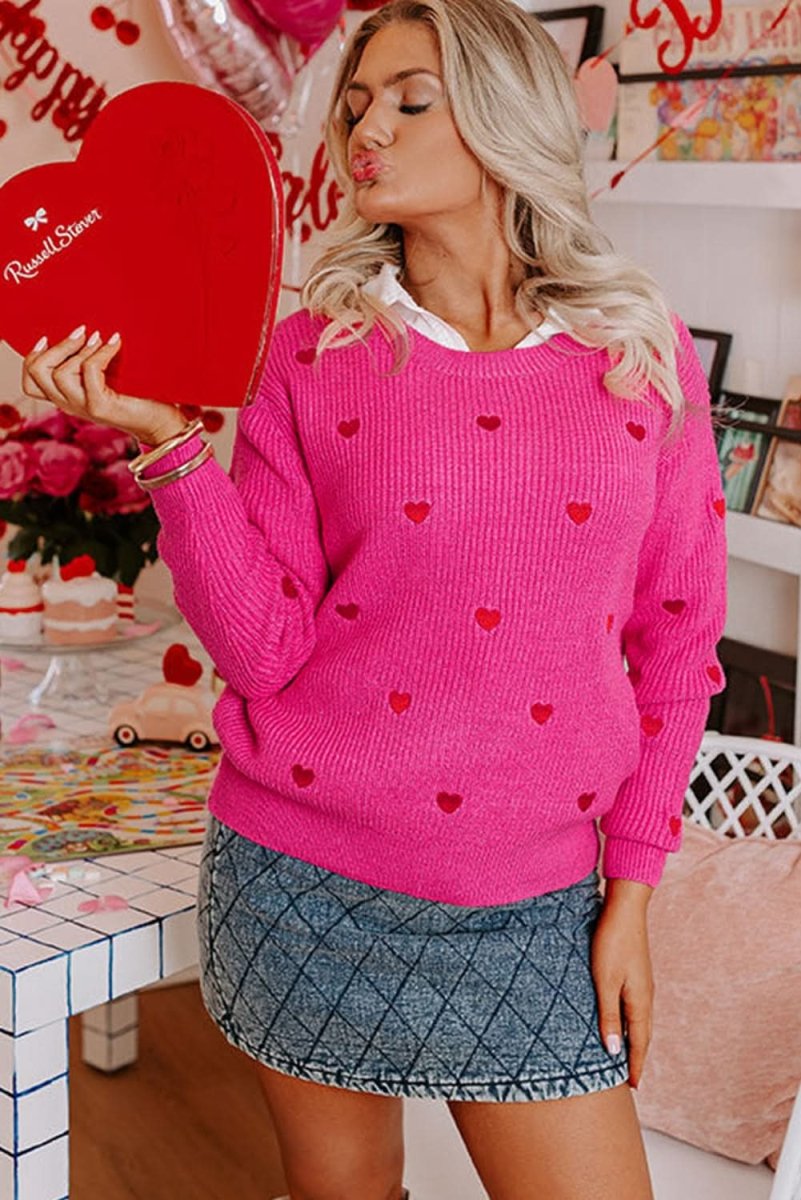 Rose Red Heart Shape Drop Shoulder Round Neck Sweater - Love Salve